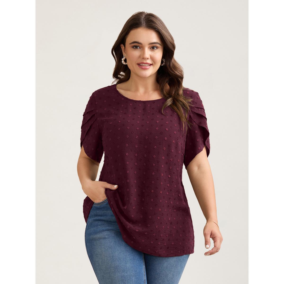 Plus Size Burgundy Textured Color Contrast Petal Sleeve Blouse Women Elegant Short sleeve Round Neck Everyday Blouses BloomChic 18-20/2X Product Image