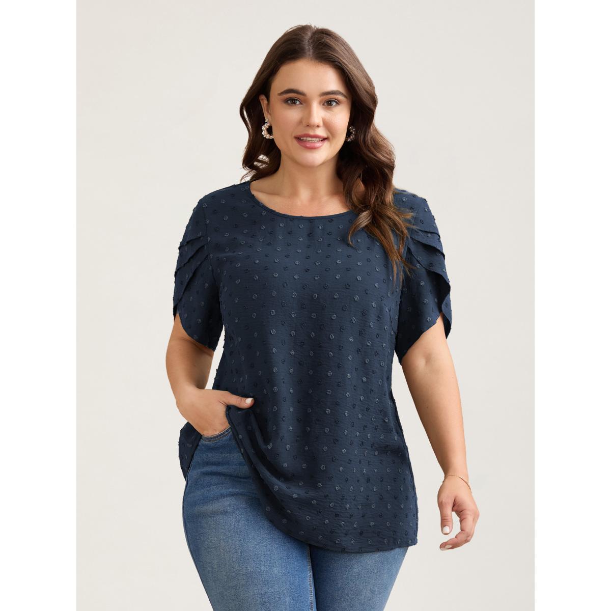 Plus Size Burgundy Textured Color Contrast Petal Sleeve Blouse Women Elegant Short sleeve Round Neck Everyday Blouses BloomChic 18-20/2X Product Image