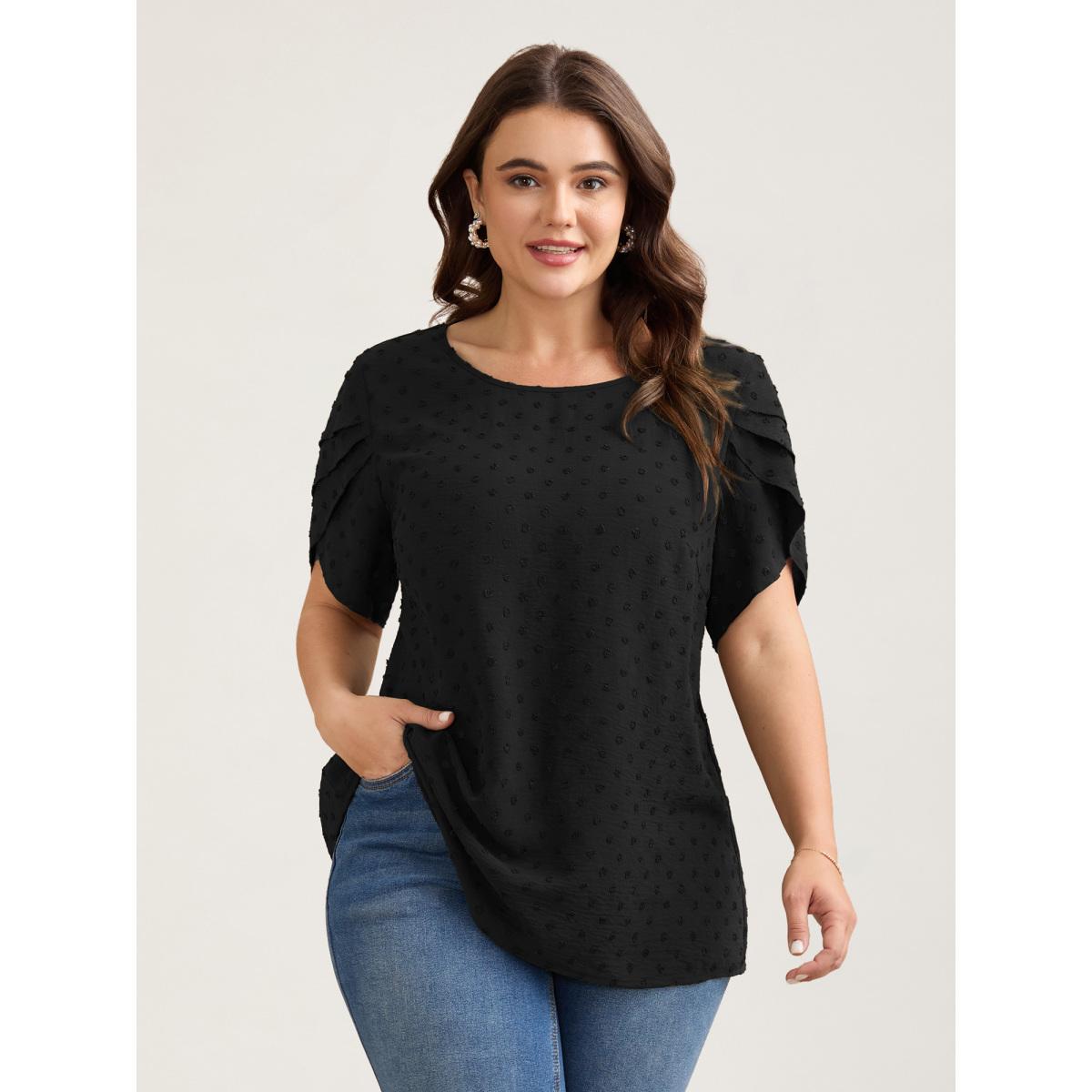 Plus Size Burgundy Textured Color Contrast Petal Sleeve Blouse Women Elegant Short sleeve Round Neck Everyday Blouses BloomChic 18-20/2X Product Image