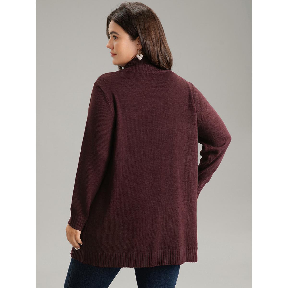 Plus Size Plain Cable Knit Button Up Pocket Cardigan Burgundy Women Casual Loose Long Sleeve Dailywear Cardigans BloomChic 14-16/1X Product Image