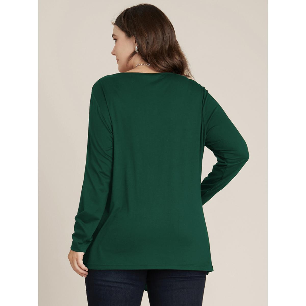 Plus Size Solid Round Neck Twist Front Long Tee DarkGreen Women Elegant Plain Plain Round Neck Dailywear T-shirts BloomChic 26/4X Product Image