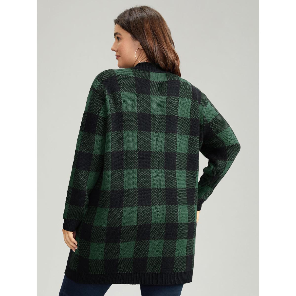 Plus Size Plaid Patched Pocket Loose Cardigan DarkGreen Women Casual Loose Long Sleeve Everyday Cardigans BloomChic 14-16/1X Product Image