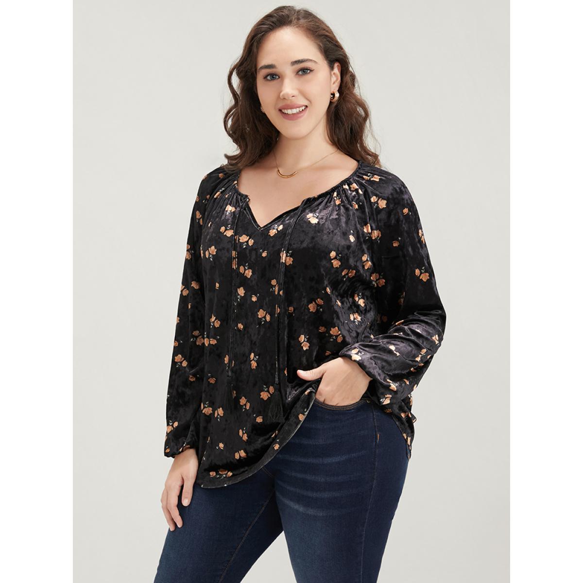 Plus Size Black Floral Lantern Sleeve Tassels Tie Neck Velvet Blouse Women Party Long Sleeve Tie Neck Going out Blouses BloomChic 22-24/3X Product Image