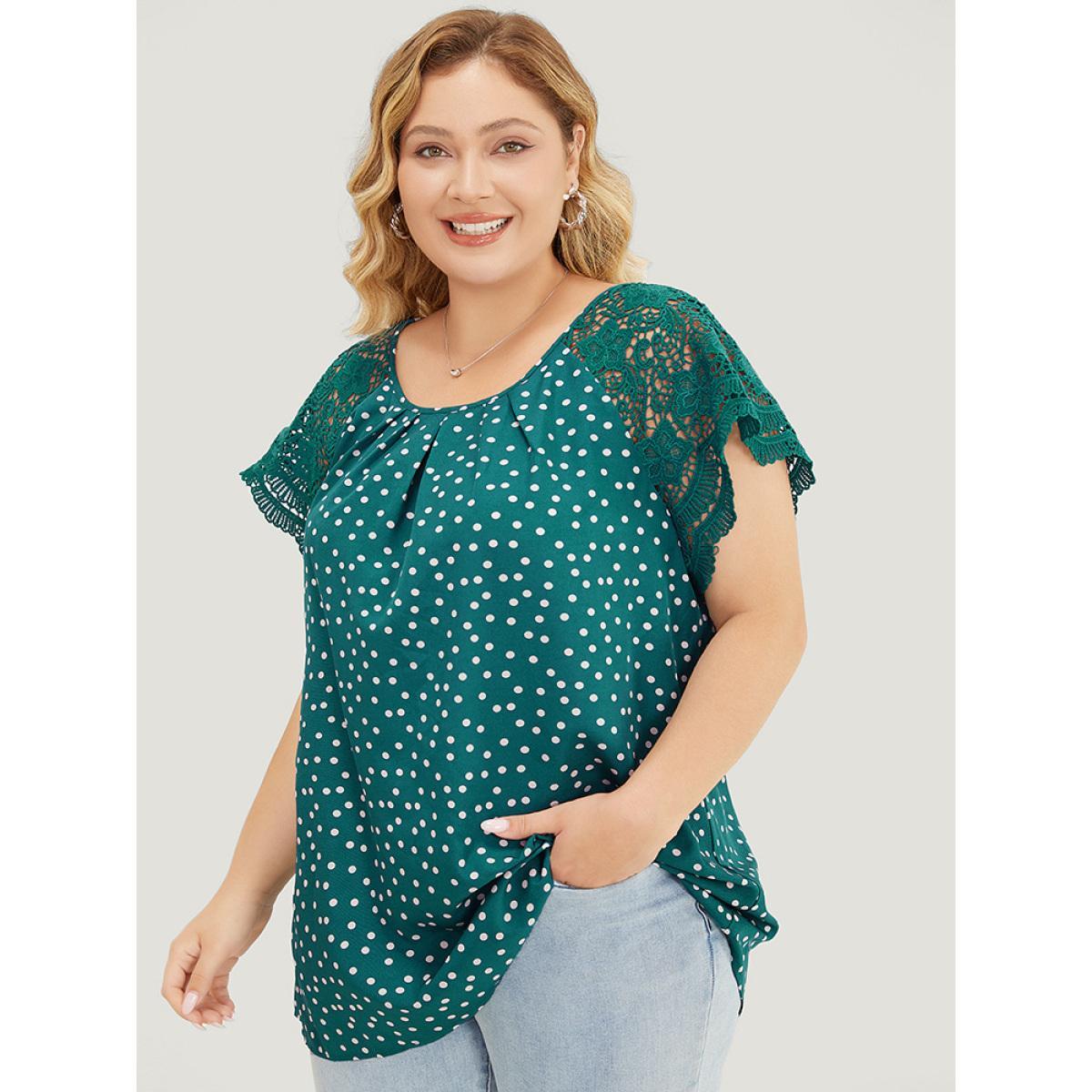 Plus Size Emerald Polka Dot Pleated Detail Lace Raglan Sleeve Blouse Women Elegant Short sleeve Round Neck Dailywear Blouses BloomChic 30/6X Product Image