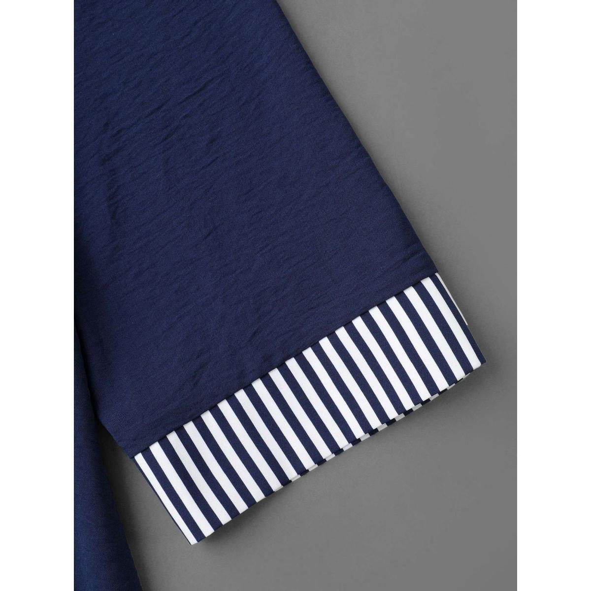 Plus Size Indigo Shirt Collar Patchwork Striped Blouse Women At the Office Extra Long Sleeve Square Neck Work Blouses BloomChic 28/5X Product Image