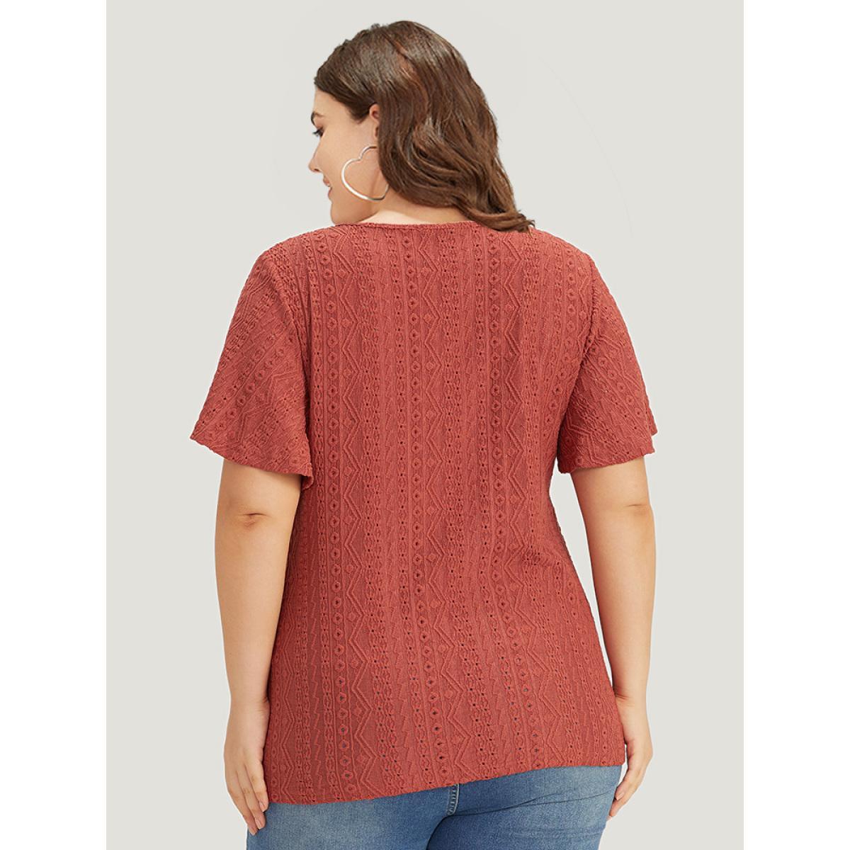 Plus Size Embroidered Button Detail Crew Neck Flutter Sleeve T-shirt Rust Women Elegant Texture Plain Round Neck Dailywear T-shirts BloomChic 26/4X Product Image