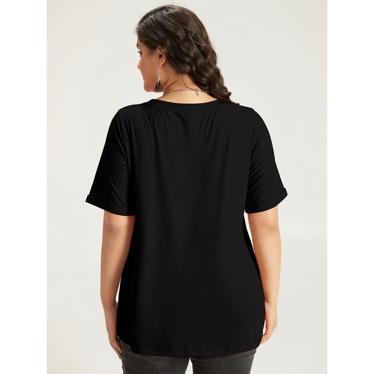 Plus Size Halloween Graphic Roll Sleeve Crew Neck T-shirt Black Women Casual Printed Halloween Festival-Halloween T-shirts BloomChic 18-20/2X Product Image