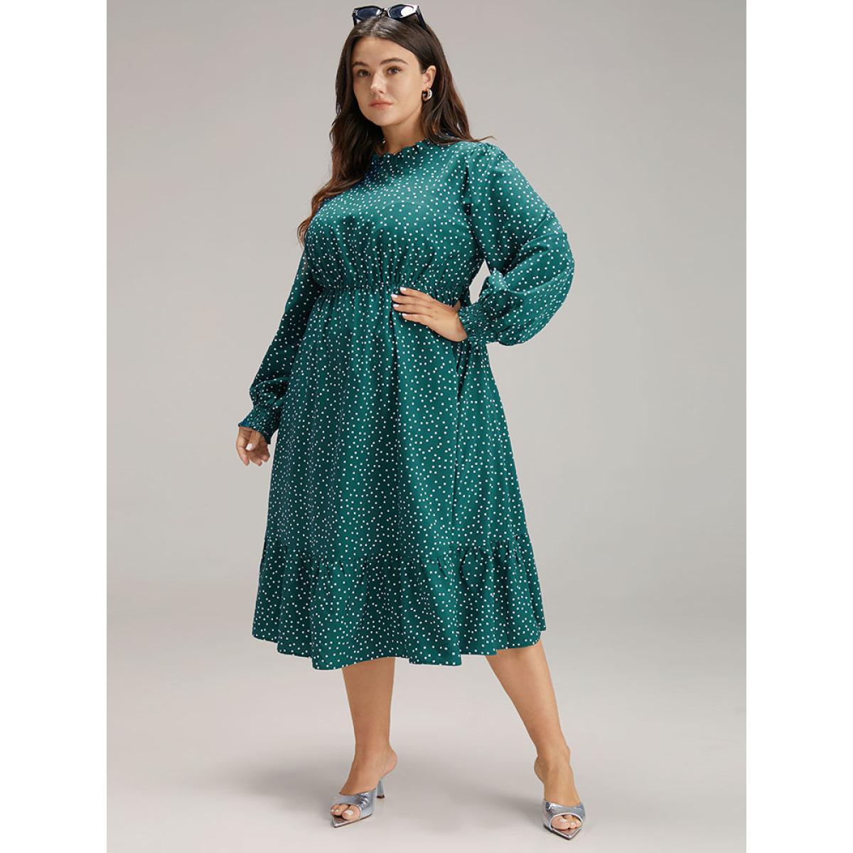 Plus Size Polka Dot Mock Neck Shirred Dress DarkGreen Women Elegant Printed Mock Neck Long Sleeve Curvy Midi Dress BloomChic 26/4X Product Image