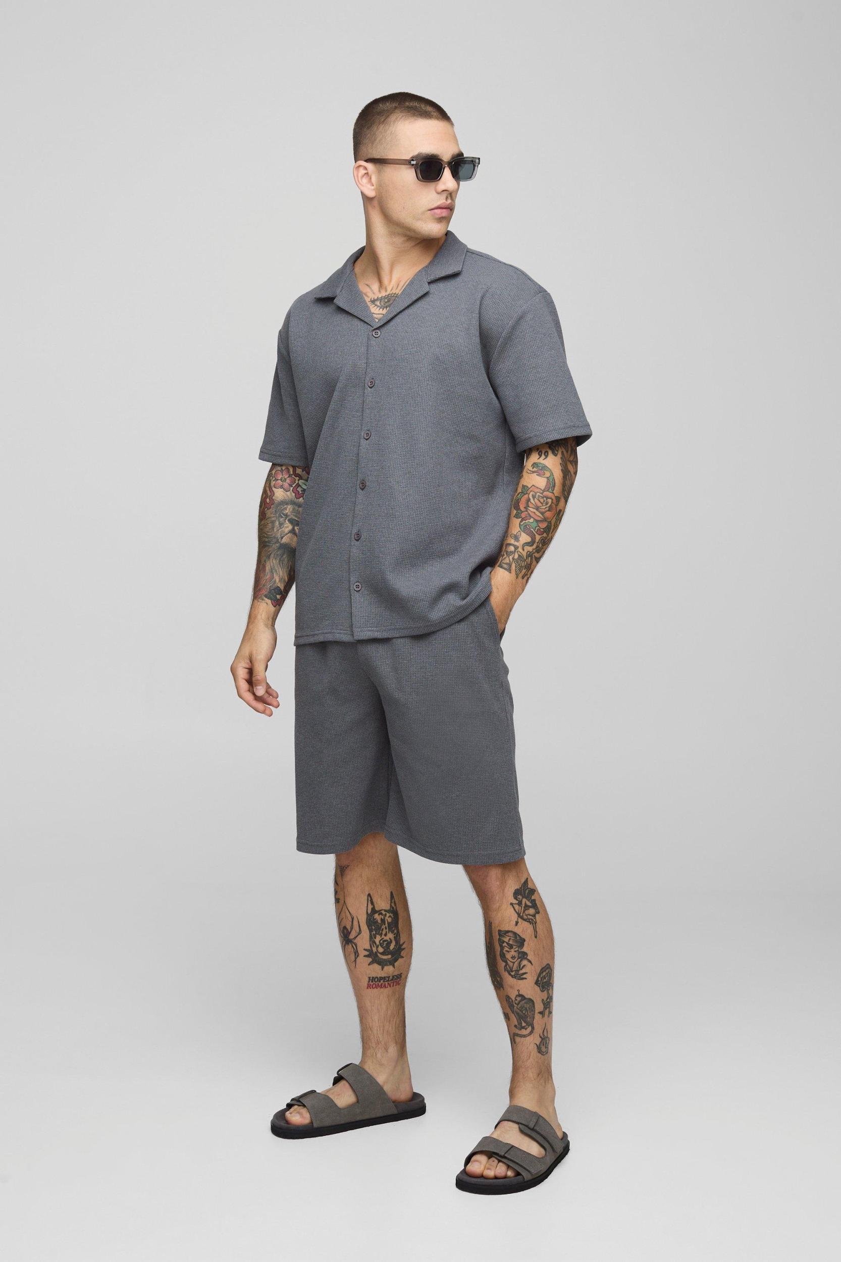 Waffle Oversized Short Sleeve Shirt & Relaxed Short Set | boohooMAN USA Product Image