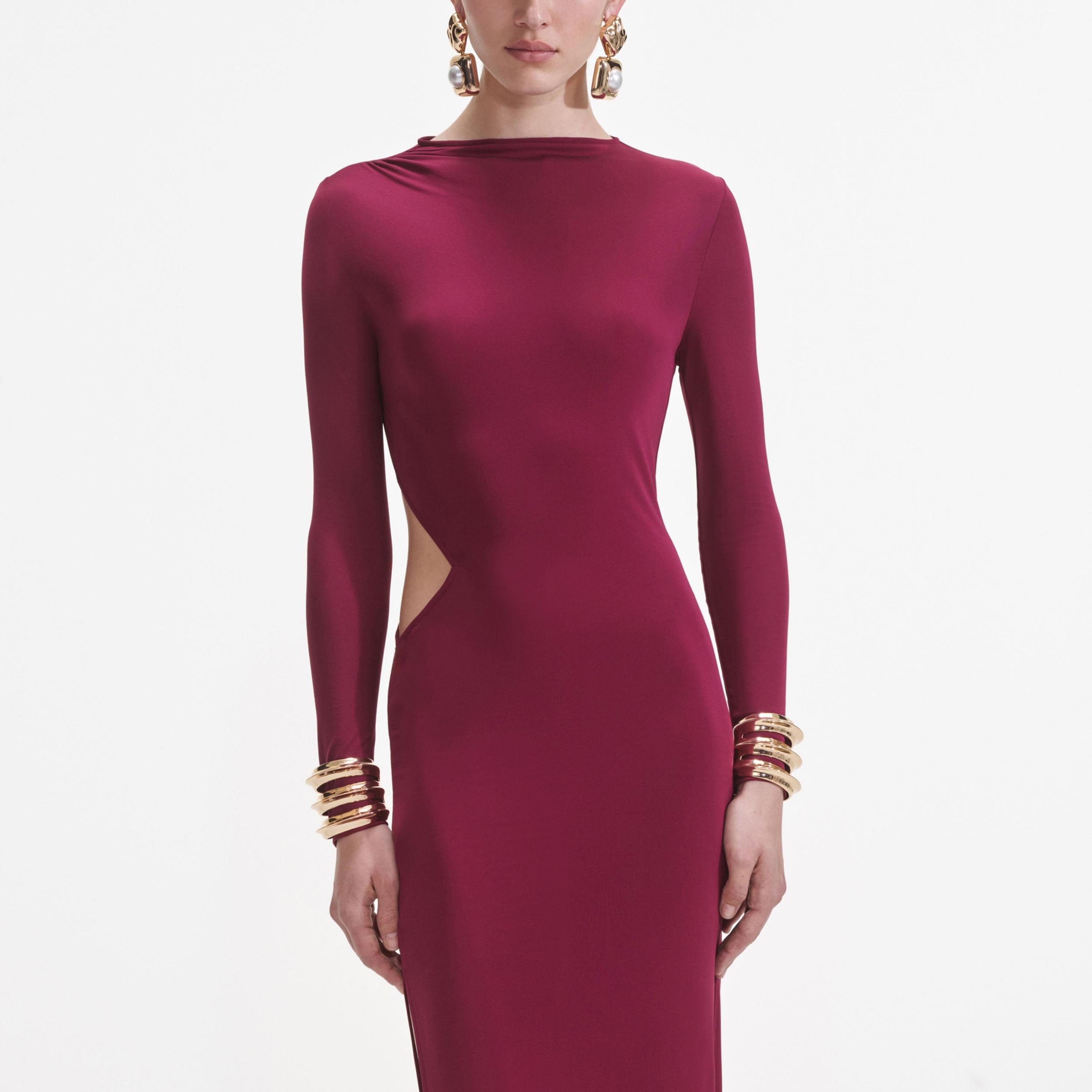 Burgundy Jersey Gathered Midi Dress Product Image