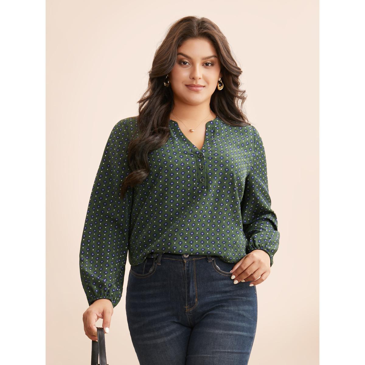 Plus Size ArmyGreen Notched Geometric Button Up Blouse Women At the Office Extra Long Sleeve Notched collar Work Blouses BloomChic 12/L Product Image