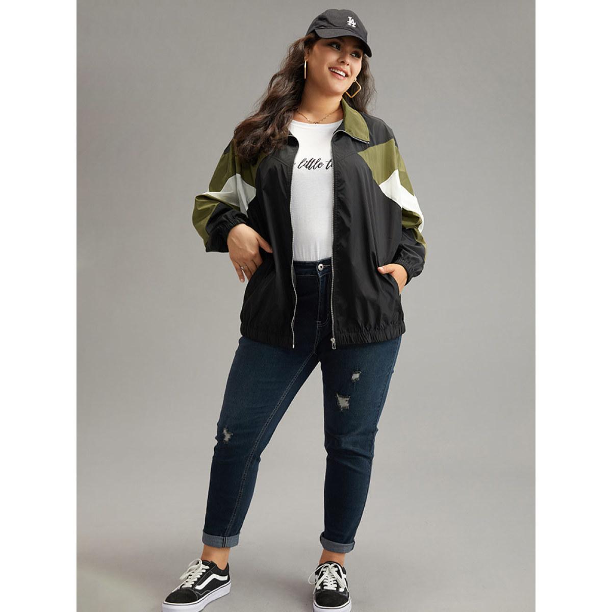 Plus Size Colorblock Patchwork Pocket Zipper Windbreaker Women Multicolor Contrast Pocket Everyday Jackets BloomChic 12/L Product Image