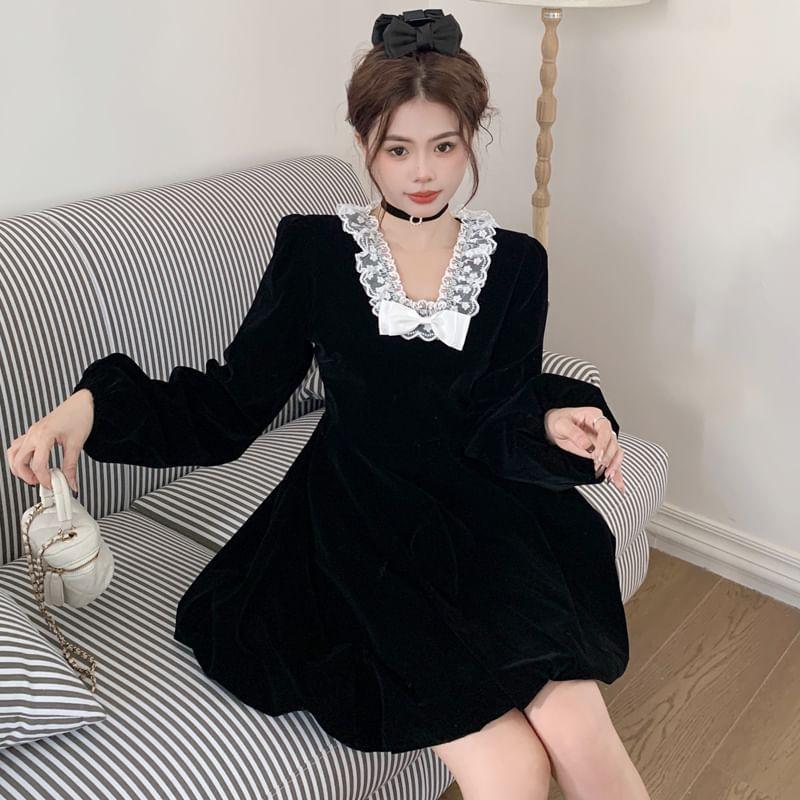 Long-Sleeve V-Neck Ribbon Waist A-Line Dress (Various Designs) Product Image
