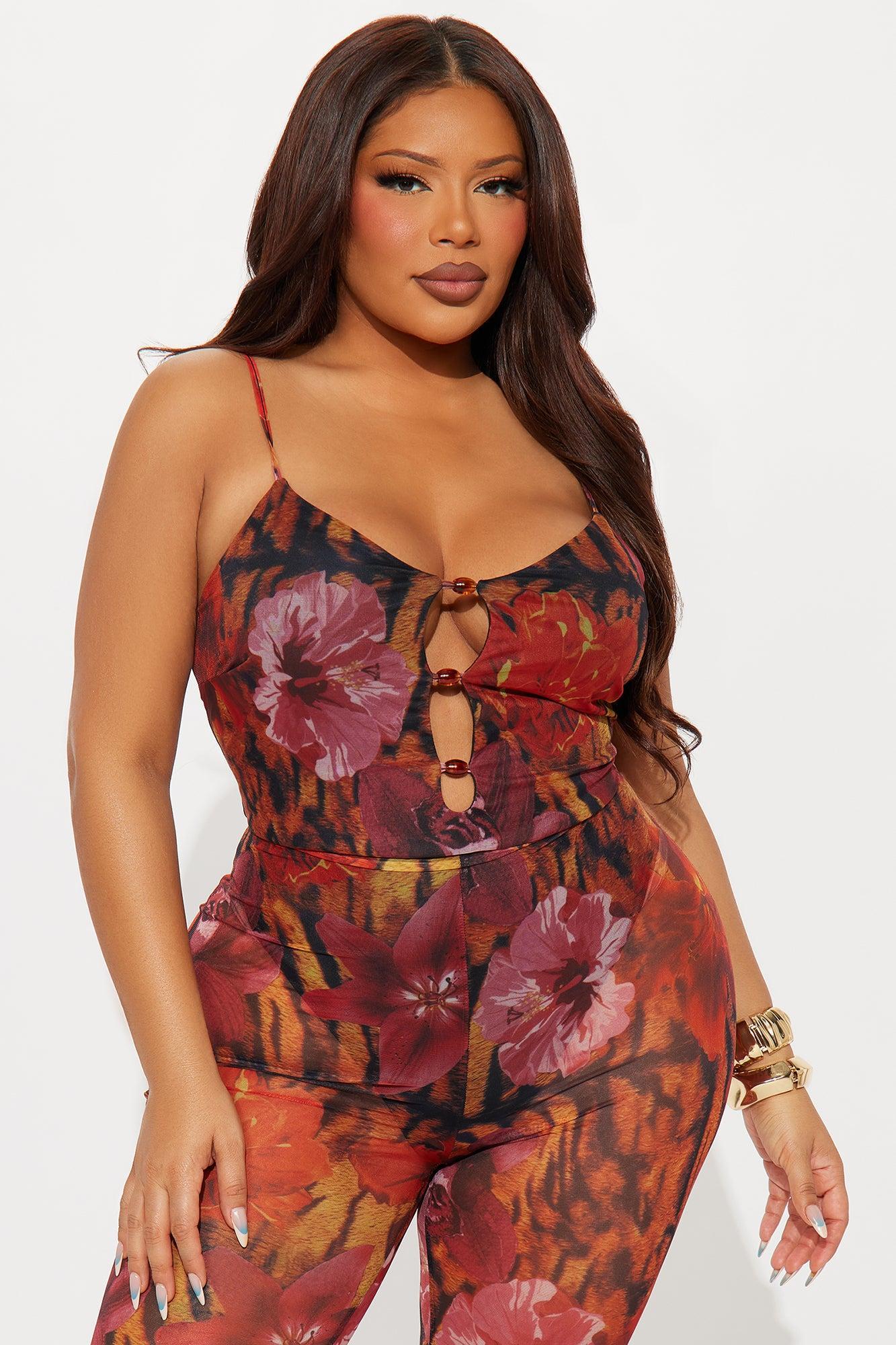 Petal Fantasy Mesh Flare Leg Jumpsuit - Rust/combo Product Image