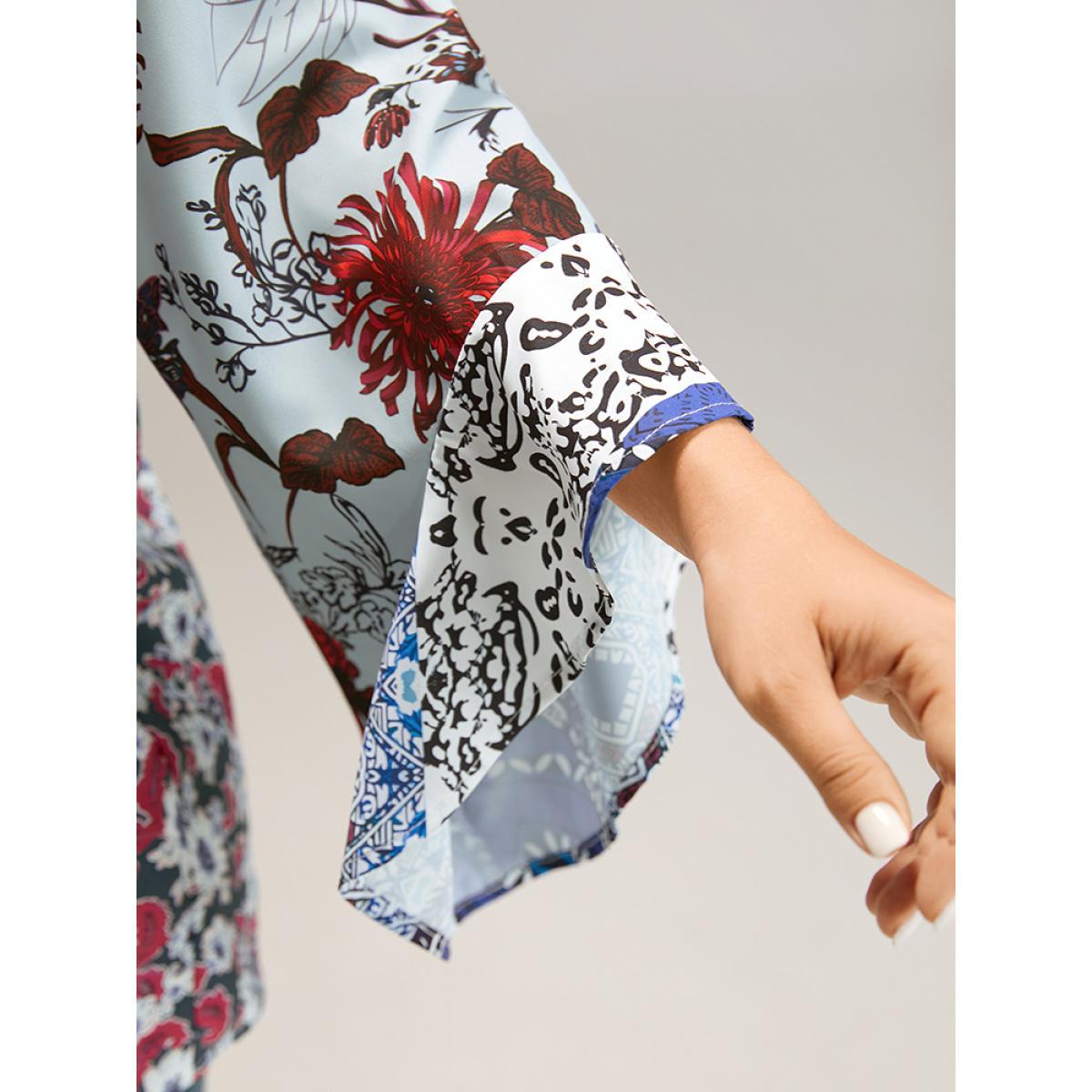 Plus Size Stone Bandana Print Patchwork Bell Sleeve Blouse Women Elegant Long Sleeve V-neck Vacation Blouses BloomChic 22-24/3X Product Image