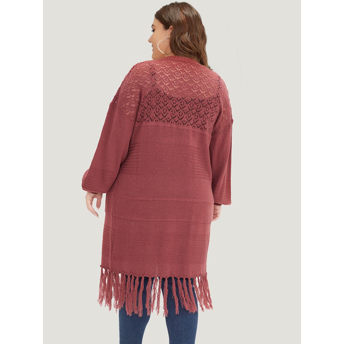 Plus Size Plain Fringe Trim Patched Pocket Cardigan Russet Women Casual Loose Long Sleeve Dailywear Cardigans BloomChic 30/6X Product Image