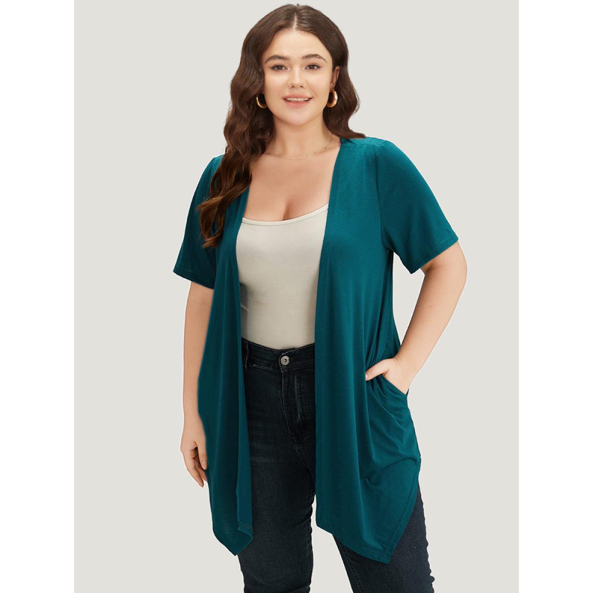 Plus Size Plain Open Front Pocket Asymmetrical Hem Kimono Women Aegean Casual Plain Pocket Dailywear Kimonos BloomChic 30/6X Product Image