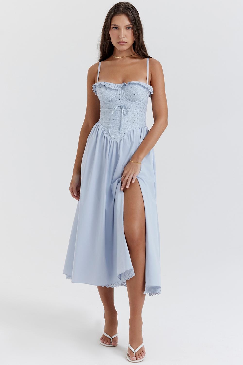 Jaime Soft Blue Cotton Broderie Anglais Midi SunDress Product Image