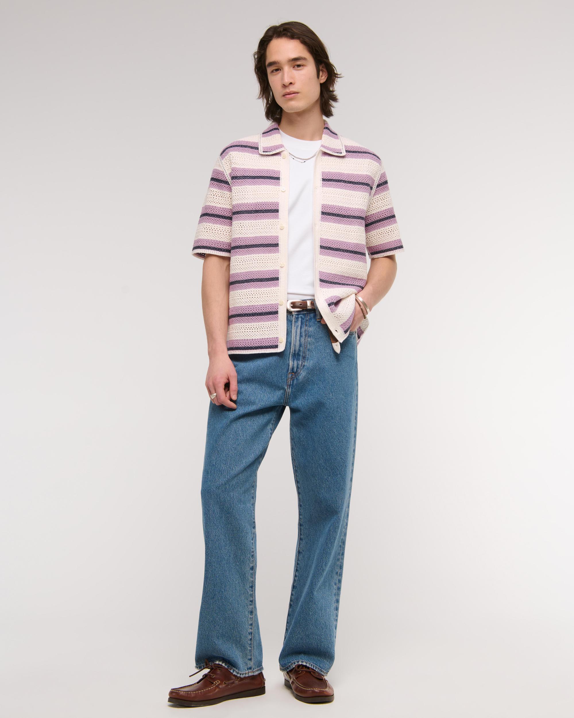 Crochet-Style Striped Button-Through Sweater Polo Product Image