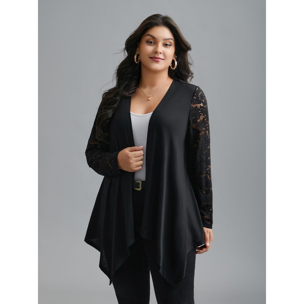 Plus Size Crochet Lace Mesh Asymmetrical Trim Cardigan Women Black Elegant See through Loose Everyday Kimonos BloomChic 22-24/3X Product Image