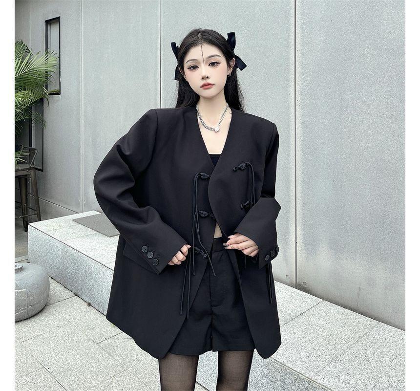 Collarless Plain Frog Button Blazer Product Image