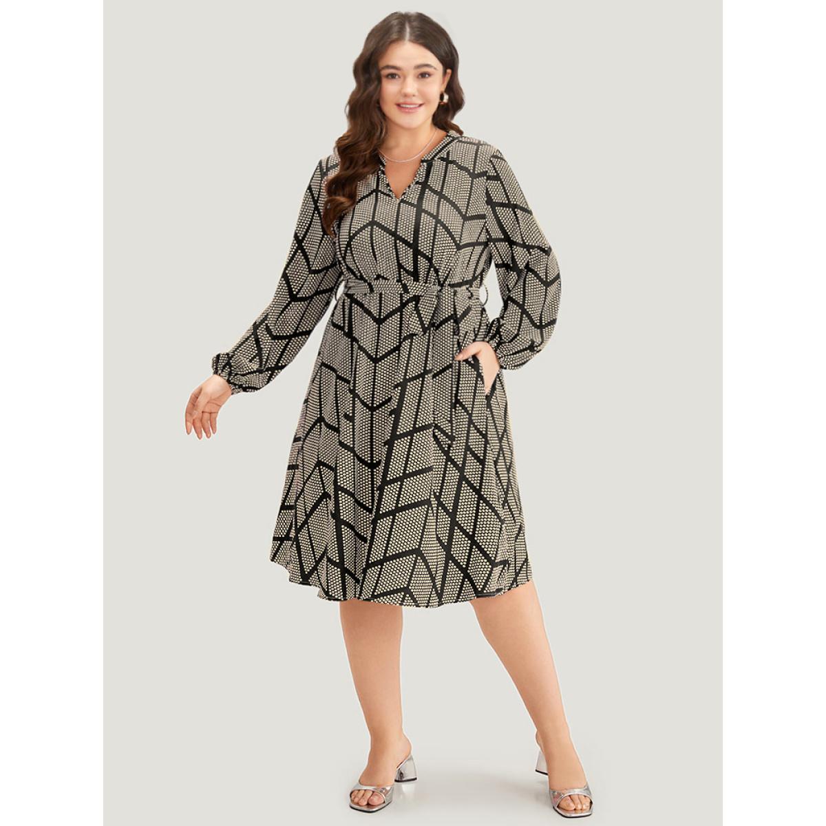 Plus Size Polka Dot Geometric Belted Lantern Sleeve Dress Black Women Office Elastic cuffs Notched collar Long Sleeve Curvy Midi Dress BloomChic 18-20/2X Product Image