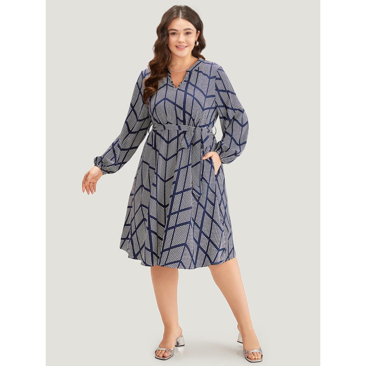 Plus Size Polka Dot Geometric Belted Lantern Sleeve Dress Black Women Office Elastic cuffs Notched collar Long Sleeve Curvy Midi Dress BloomChic 18-20/2X Product Image