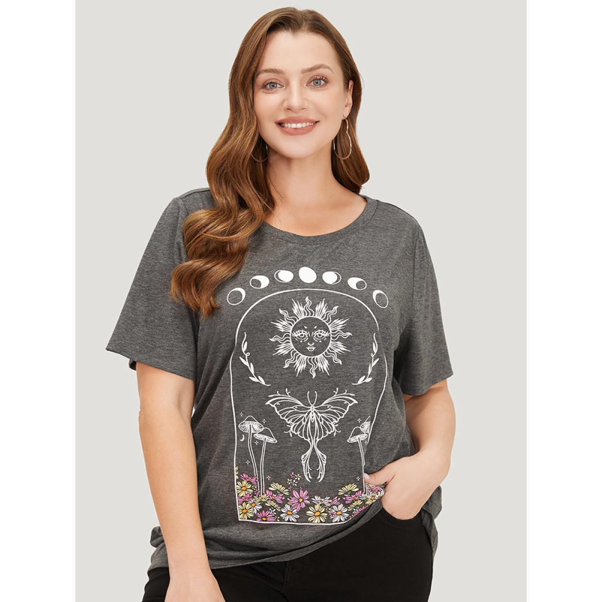 Plus Size Butterfly & Moon Print Heather Graphic T-shirt DimGray Women Casual Heather Star and moon Dailywear T-shirts BloomChic 14-16/1X Product Image