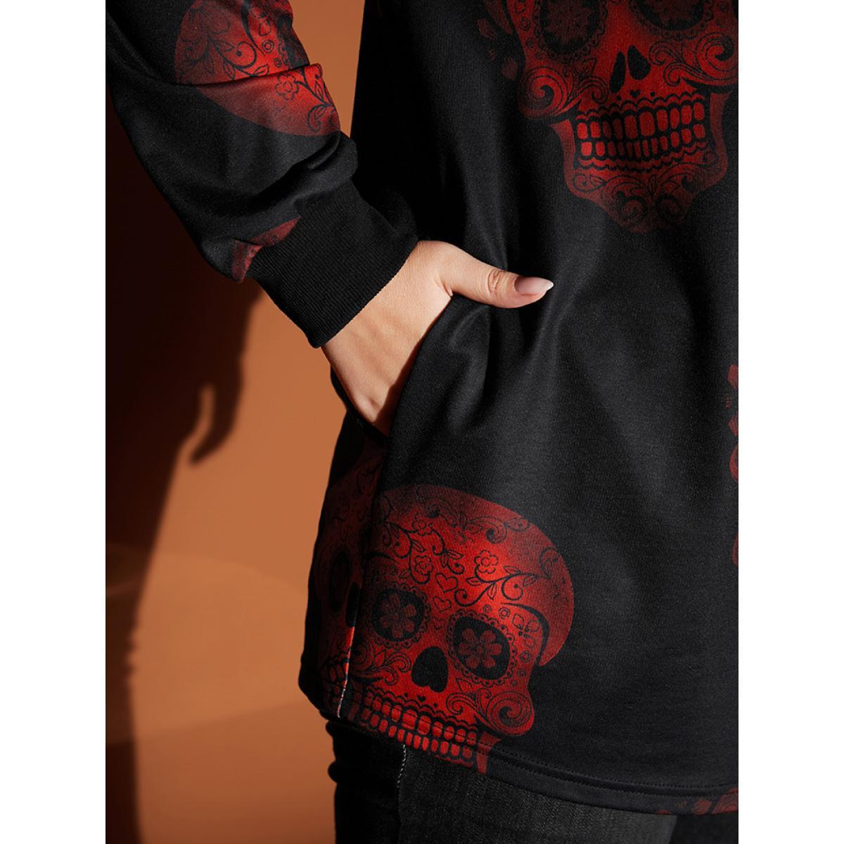 Plus Size Halloween Skull Print Pocket Drawstring Hooded Sweatshirt Women Black Casual Pocket Hooded Dailywear Sweatshirts BloomChic 30/6X Product Image