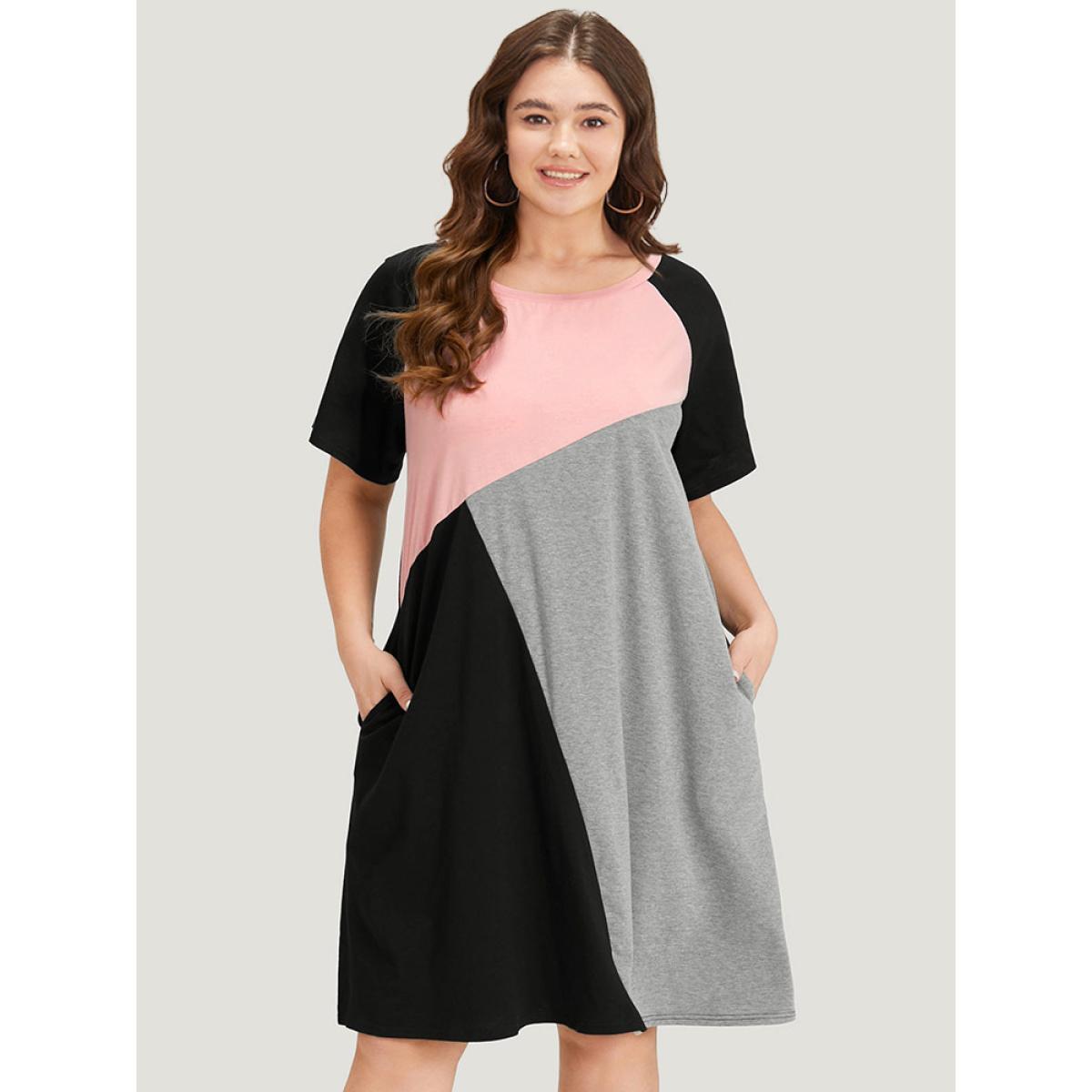 Plus Size Supersoft Essentials Colorblock Contrast Round Neck Raglan Sleeve Dress Black Women Casual Patchwork Round Neck Short sleeve Curvy Midi Dress BloomChic 18-20/2X Product Image