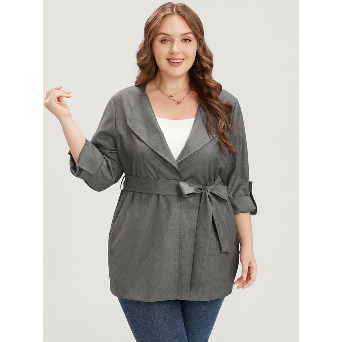 Plus Size Plain Lapel Collar Pocket Roll Sleeve Belted Coat Women Gray Office Pocket Ladies Dailywear Winter Coats BloomChic 22-24/3X Product Image
