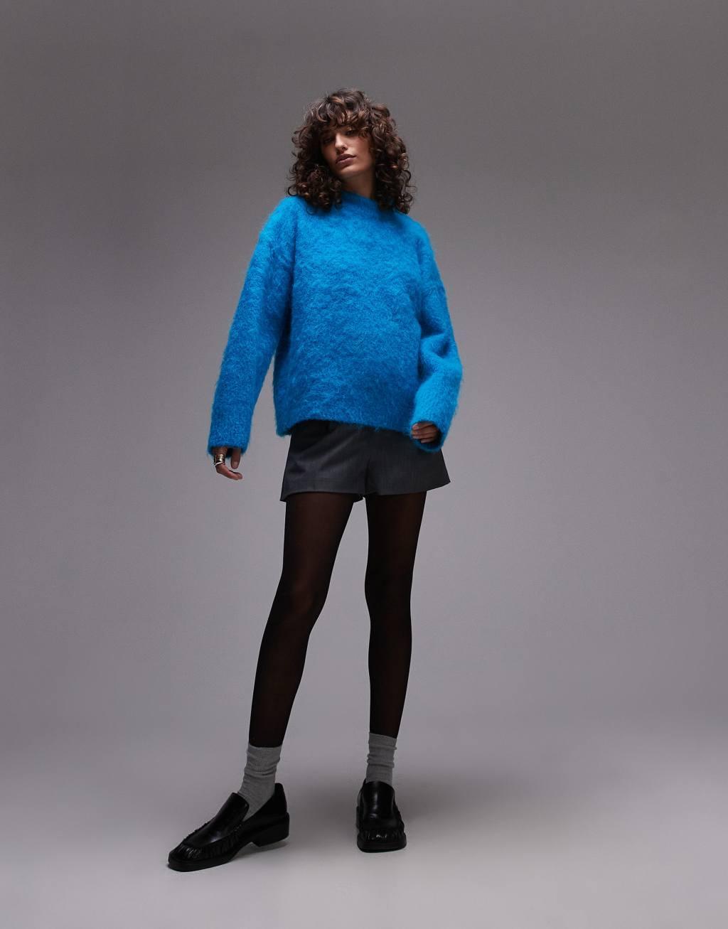 Topshop fluffy knit relaxed sweater in turquoise Product Image