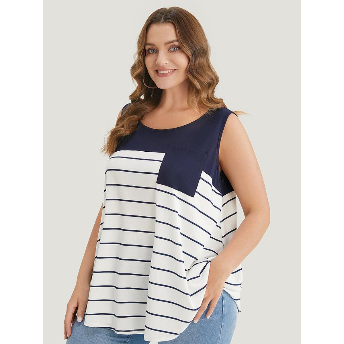Plus Size Striped Patchwork Pocket Tank Top Women Navy Casual Round Neck Dailywear Tank Tops Camis BloomChic 14-16/1X Product Image