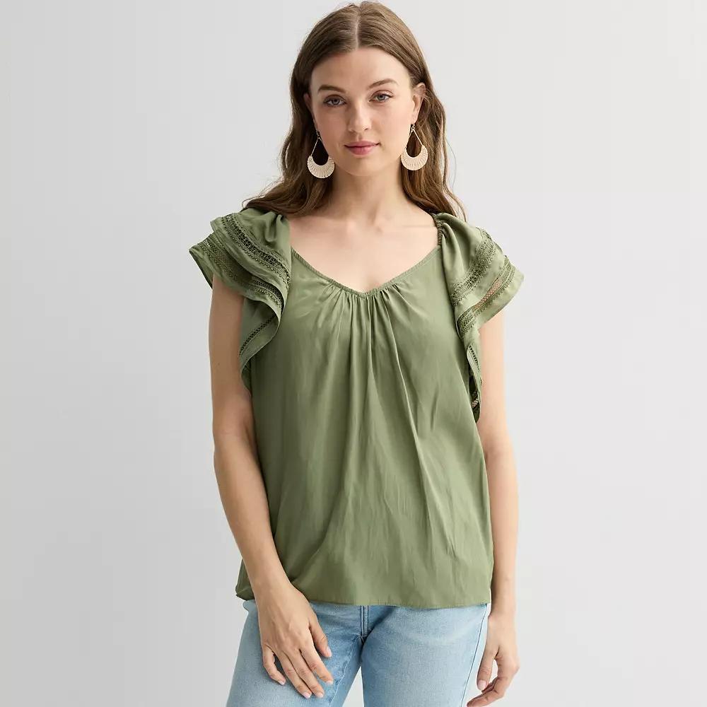 Women's Chelsea & Theodore Ruffle Sleeve Woven Airflow Blouse, Size: Large, Olive Green Product Image