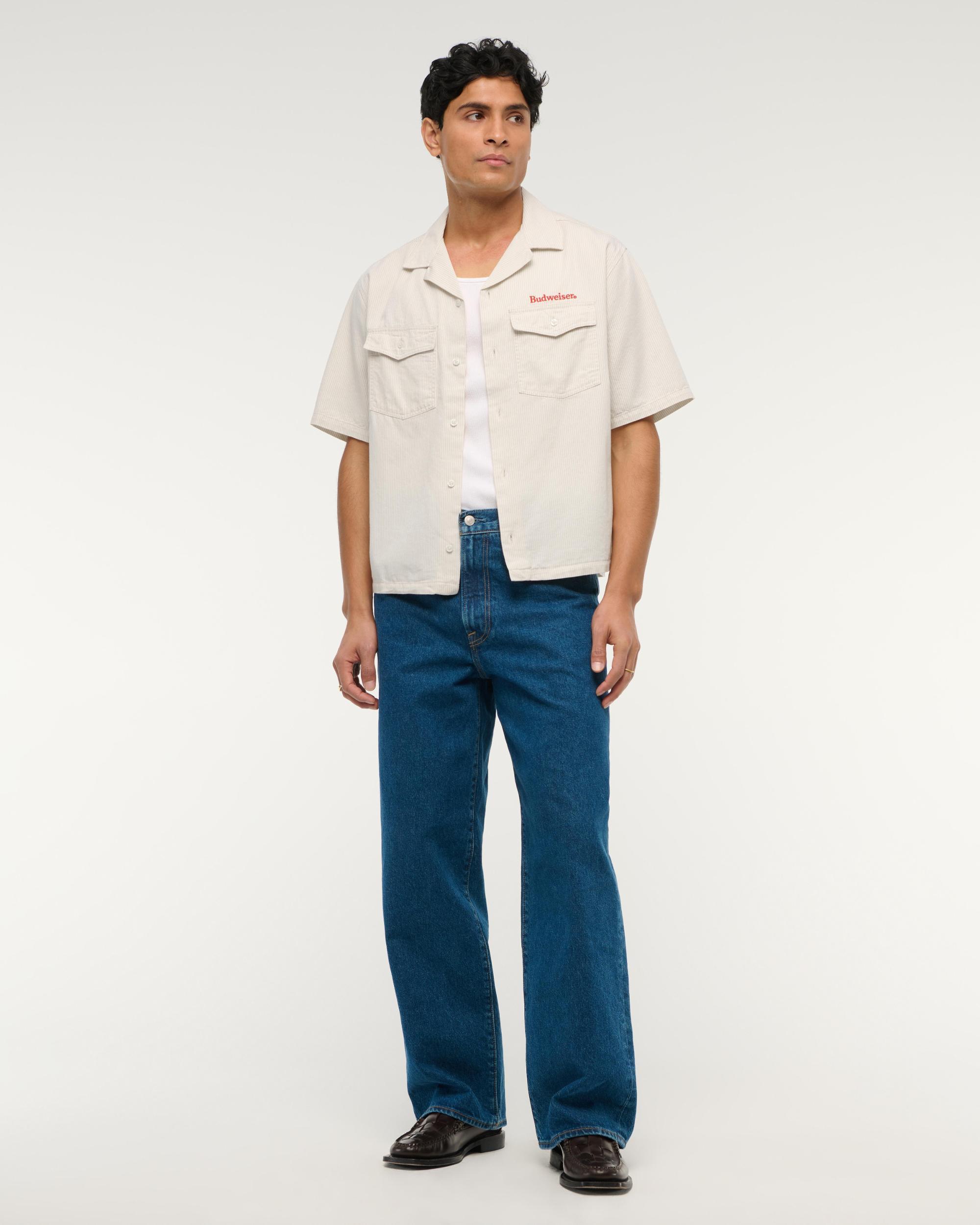 Short-Sleeve Cropped Pabst Workwear Button-Up Shirt Product Image