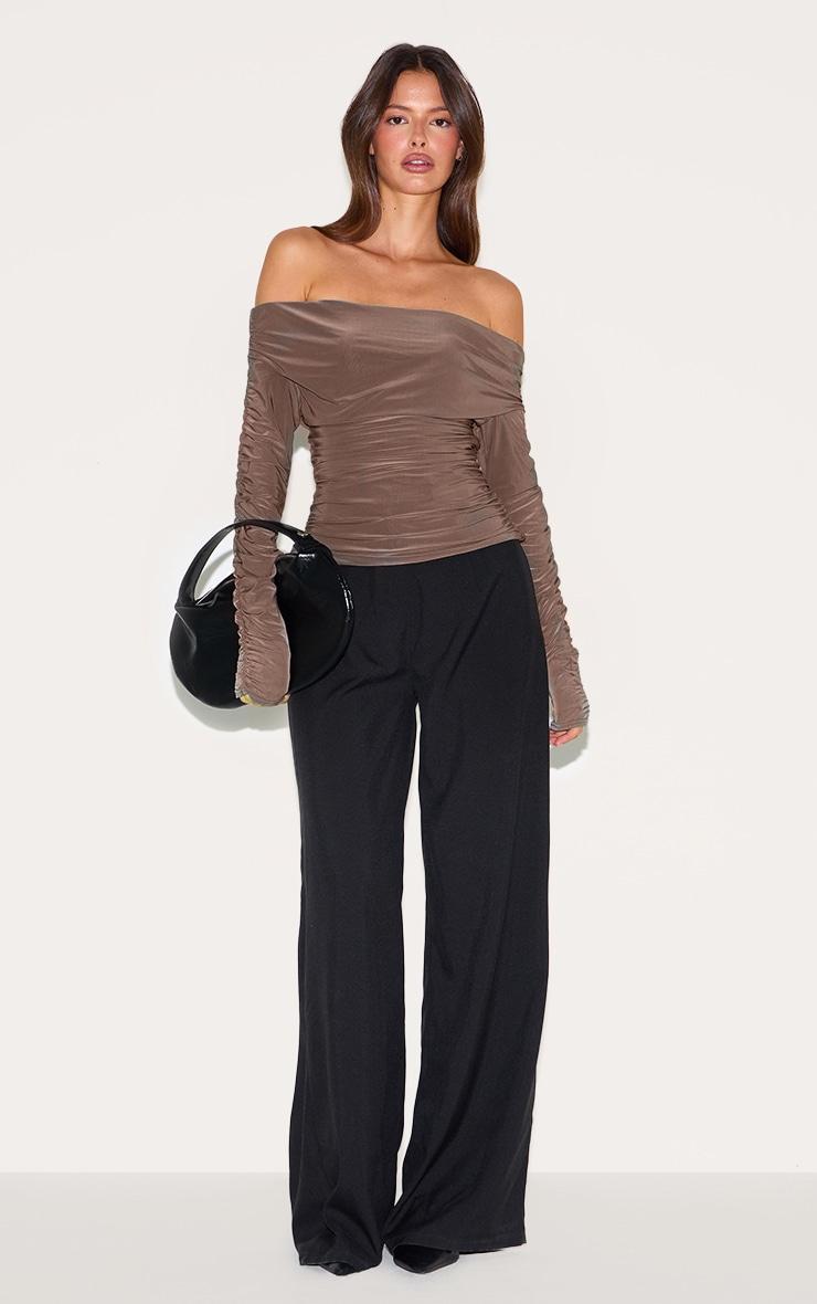 Charcoal Double Layer Slinky Ruched Detail Bardot Long Sleeve Top Product Image