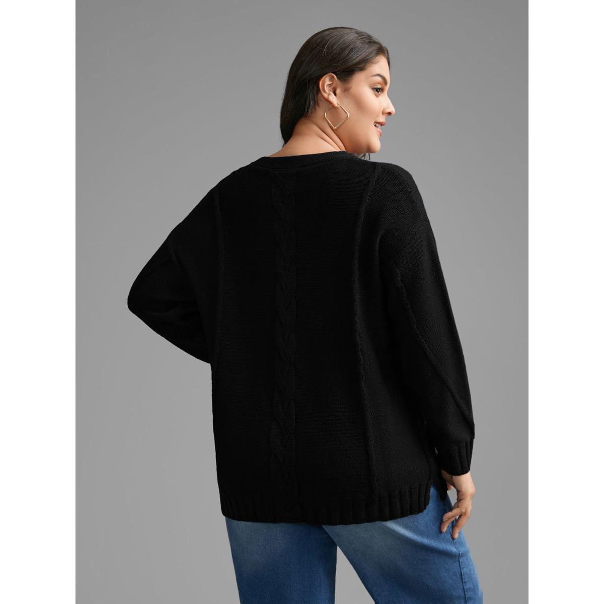 Plus Size V Neck Cable Knit Texture Pullover Black Women Casual Loose Long Sleeve V-neck Everyday Pullovers BloomChic 10/M Product Image