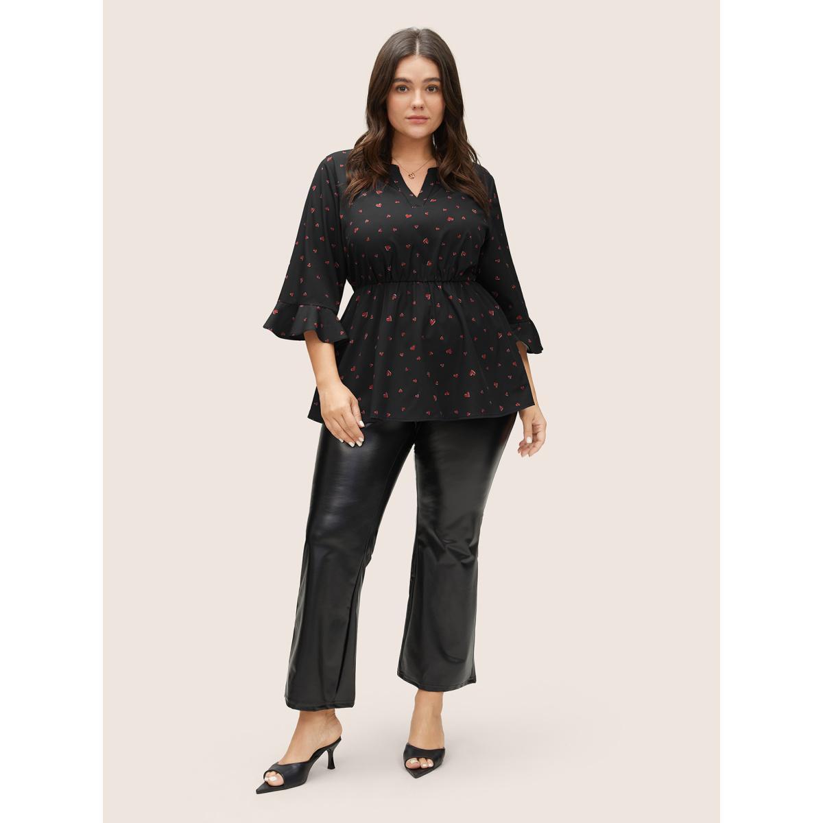 Plus Size Black Heart Print Flutter Sleeve Elastic Waist Blouse Women Elegant Elbow-length sleeve V-neck Everyday Blouses BloomChic 30/6X Product Image