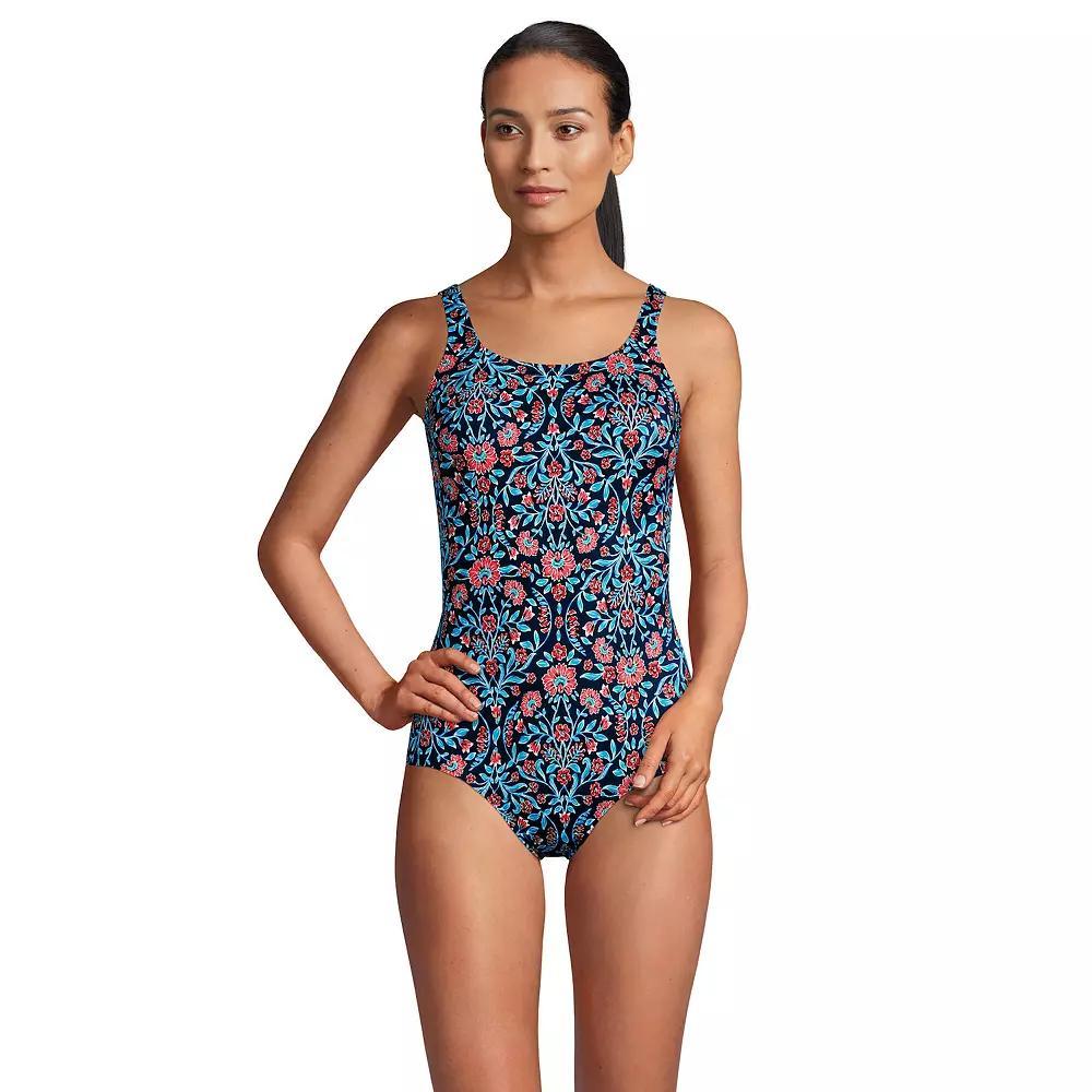 Women's Lands' End Tugless Sporty UPF 50 One-Piece Swimsuit, Size: 2, Blue Small Geo Product Image