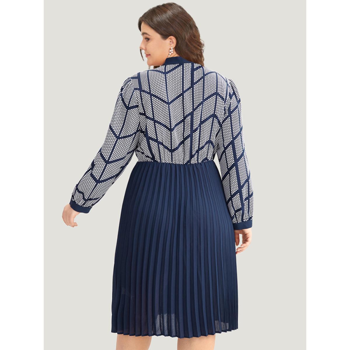 Plus Size Contrast Patchwork Ties Pleated Dress Indigo Women Office Printed Tie Neck Long Sleeve Curvy Midi Dress BloomChic 14-16/1X Product Image