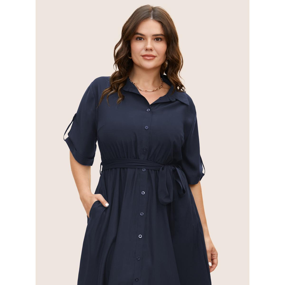 Plus Size Shirt Collar Tab Sleeve Split Hem Dress Cyan Women At the Office Belted Shirt collar Half Sleeve Curvy BloomChic 30/6X Product Image