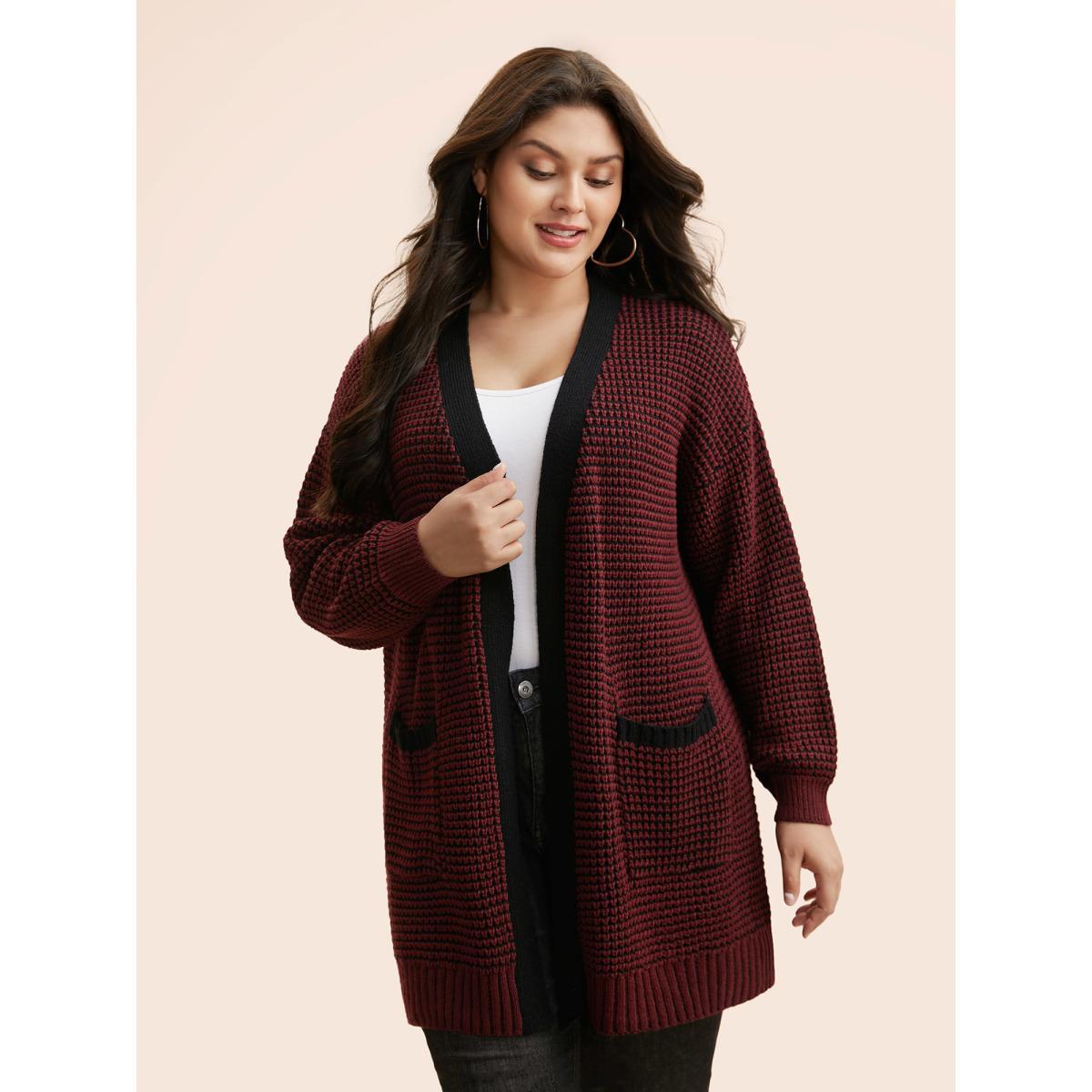 Plus Size Contrast Textured Drop Shoulder Sleeve Cardigan Burgundy Women Casual Loose Long Sleeve Everyday Cardigans BloomChic 14-16/1X Product Image