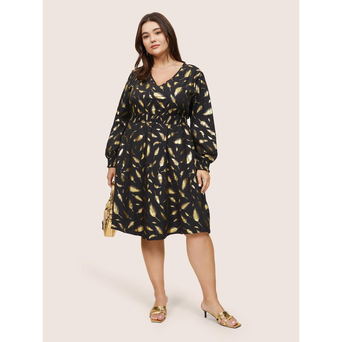 Plus Size Feather Glitter Shirred Elastic Cuffs Dress Black Women Cocktail Printed V-neck Long Sleeve Curvy Midi Dress BloomChic 14-16/1X Product Image