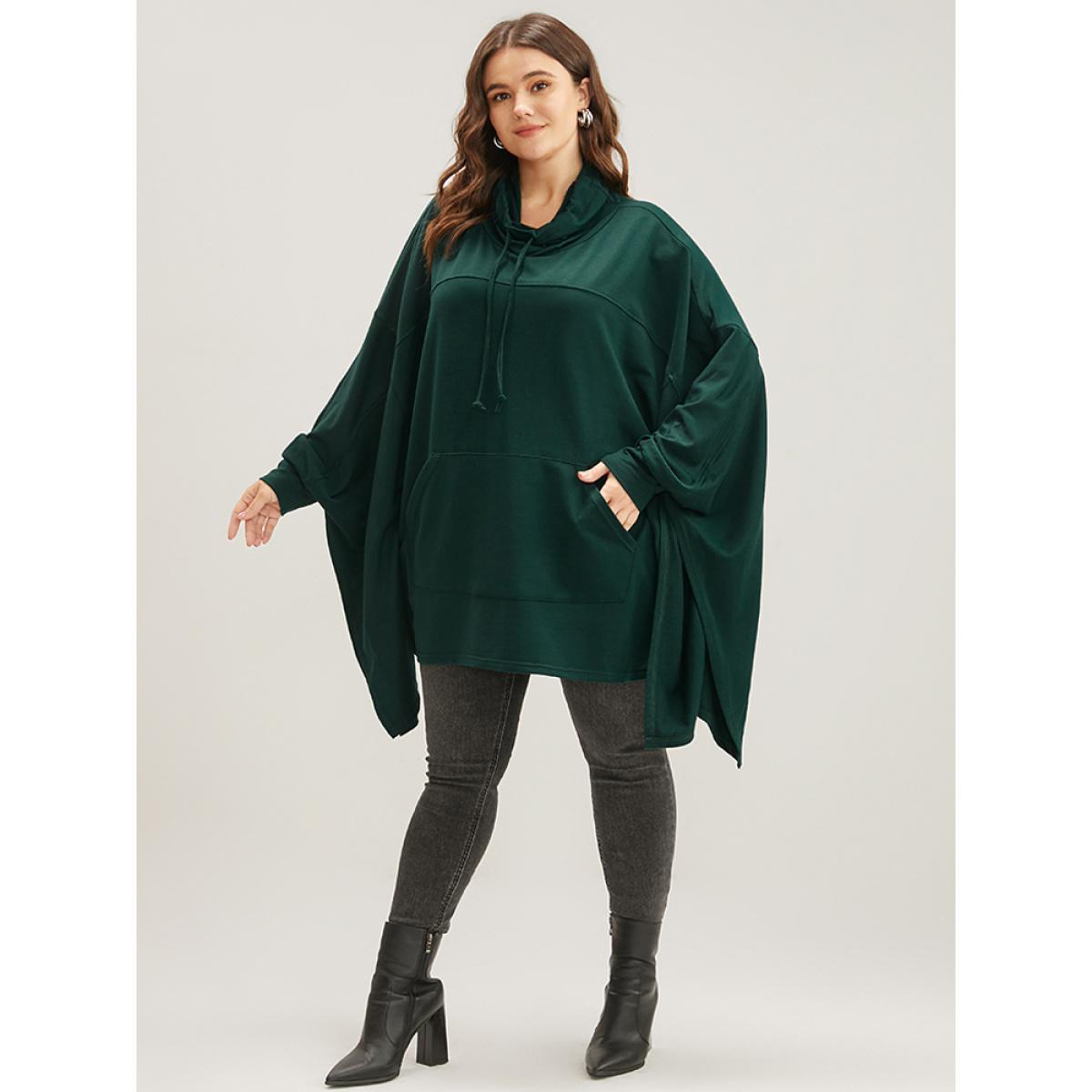Plus Size Solid Pocket Dolman Sleeve Drawstring Sweatshirt Women DarkGreen Casual Asymmetrical Turtleneck Dailywear Sweatshirts BloomChic 26/4X Product Image