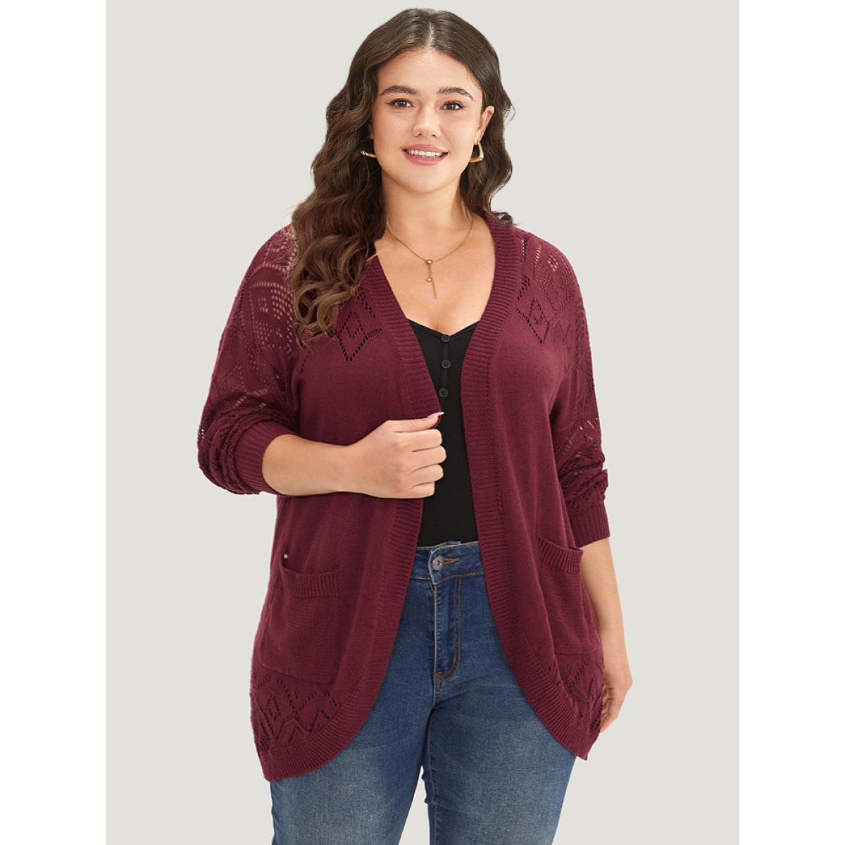 Plus Size Plain Patched Pocket Curved Hem Cardigan Burgundy Women Casual Long Sleeve Dailywear Cardigans BloomChic 22-24/3X Product Image