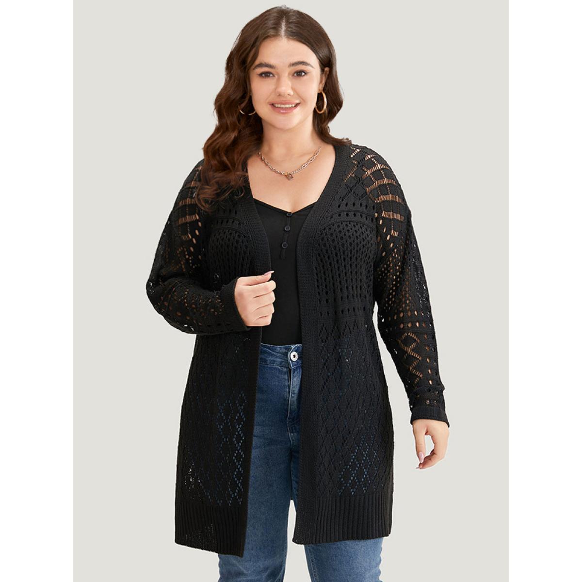 Plus Size Solid Geometric Eyelet Batwing Sleeve Elastic Cuffs Cardigan Black Women Basics Loose Long Sleeve Everyday Cardigans BloomChic 10/M Product Image