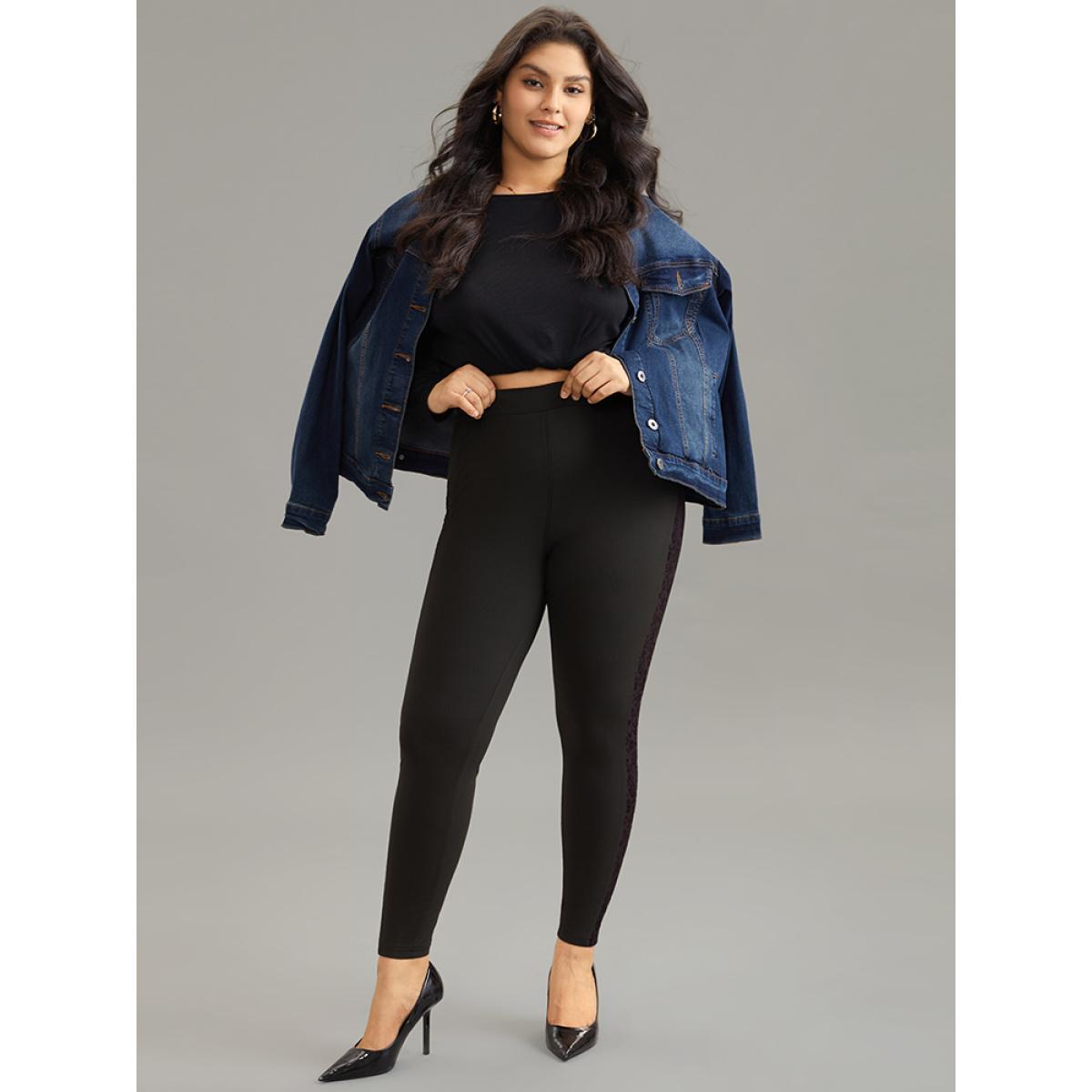 Plus Size Silhouette Floral Print Flocking Mesh Patchwork Leggings Women Black Casual High stretch Skinny High Rise Dailywear Leggings BloomChic 14-16/1X Product Image