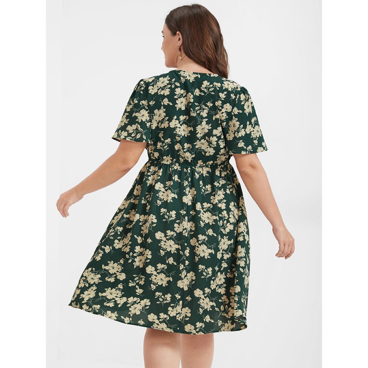 Plus Size Floral Belted Button Ruffled Wrap Knee Dress Green Women Elegant Printed V-neck Short sleeve Curvy Knee Dress BloomChic 26/4X Product Image