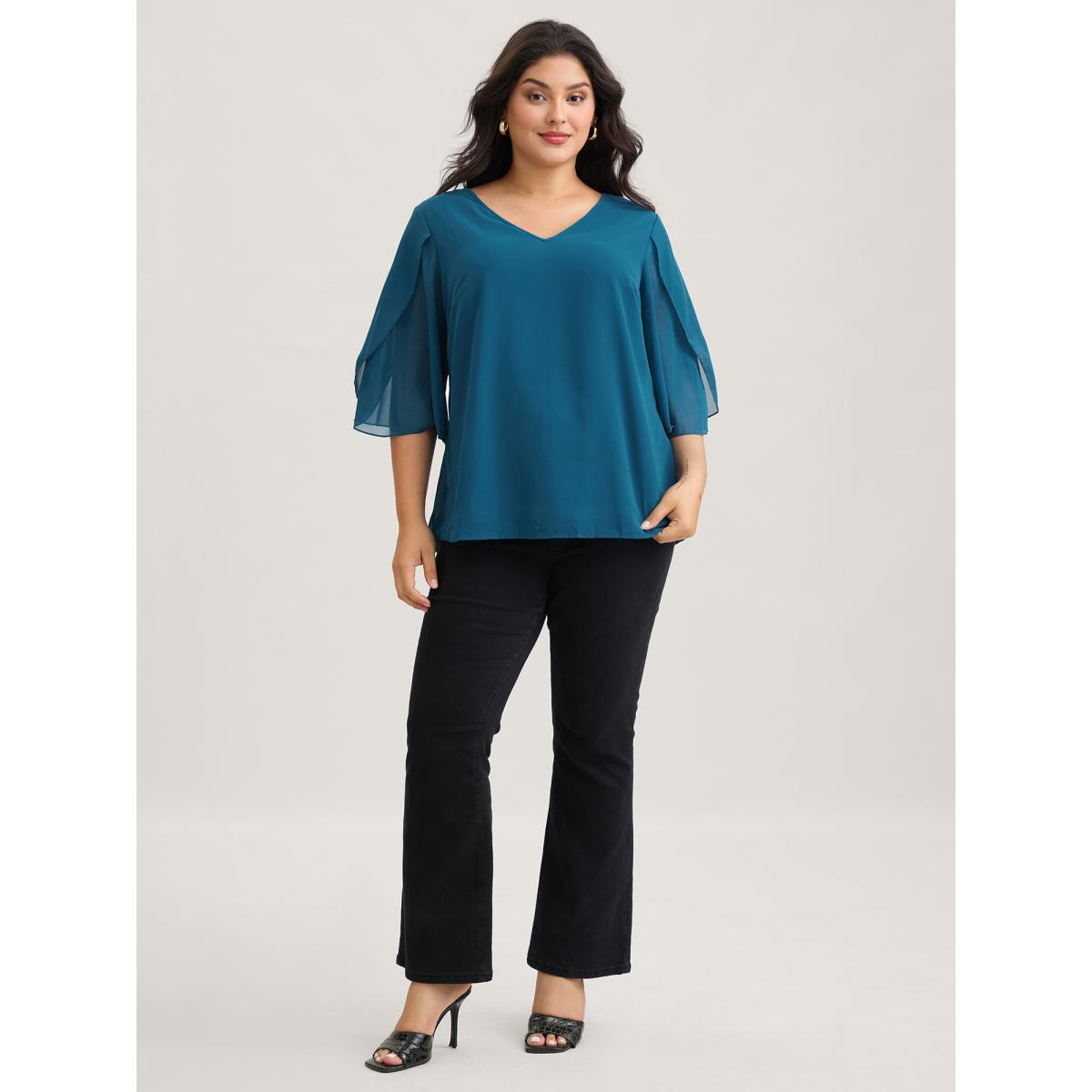 Plus Size Aegean Chiffon Gathered Petal Sleeve Blouse Women Elegant Elbow-length sleeve V-neck Everyday Blouses BloomChic 10/M Product Image