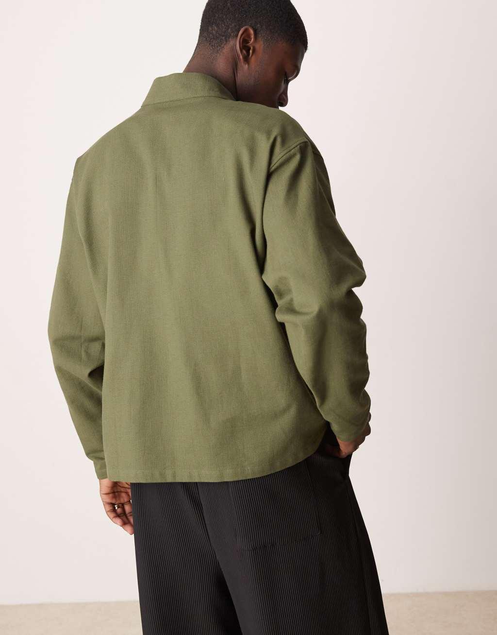 ASOS DESIGN oversized wrap front shirt in olive Product Image